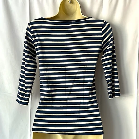 Zara Organic Cotton 3/4 Sleeve Navy Blue & White Striped Shirt Top **Size M** - Picture 2 of 3